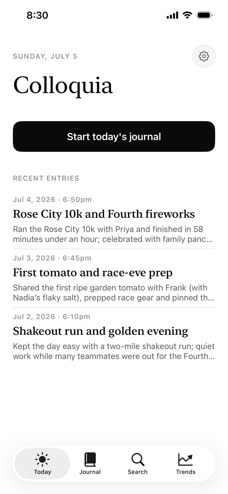 Colloquia's Today screen with a button to start today's journal and a list of recent entries.