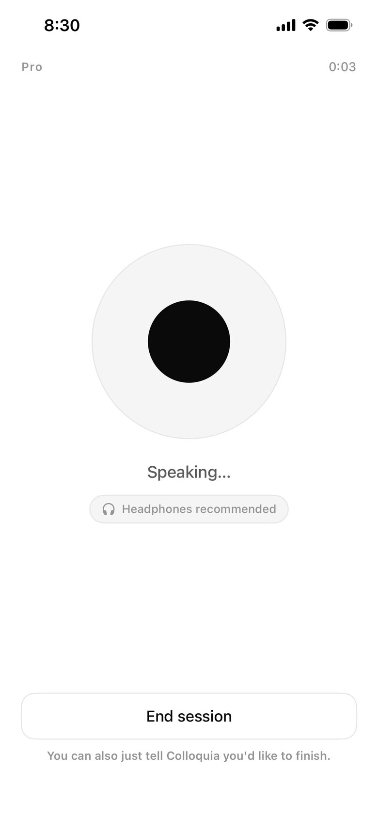 Colloquia's spoken conversation screen while creating a journal entry.