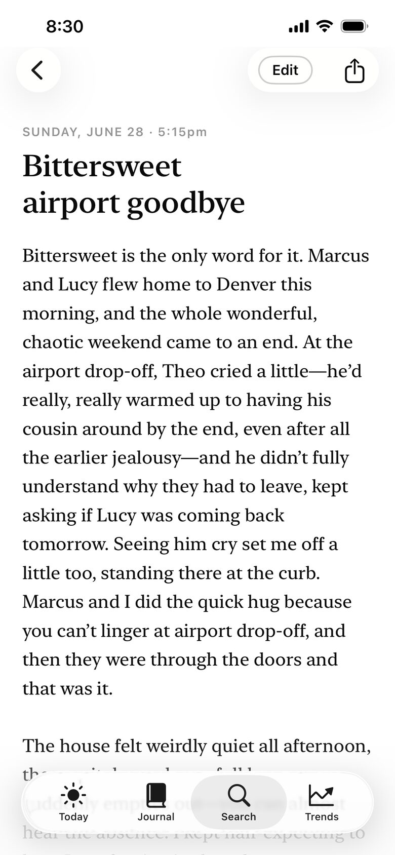 A finished Colloquia journal entry shown as polished prose.
