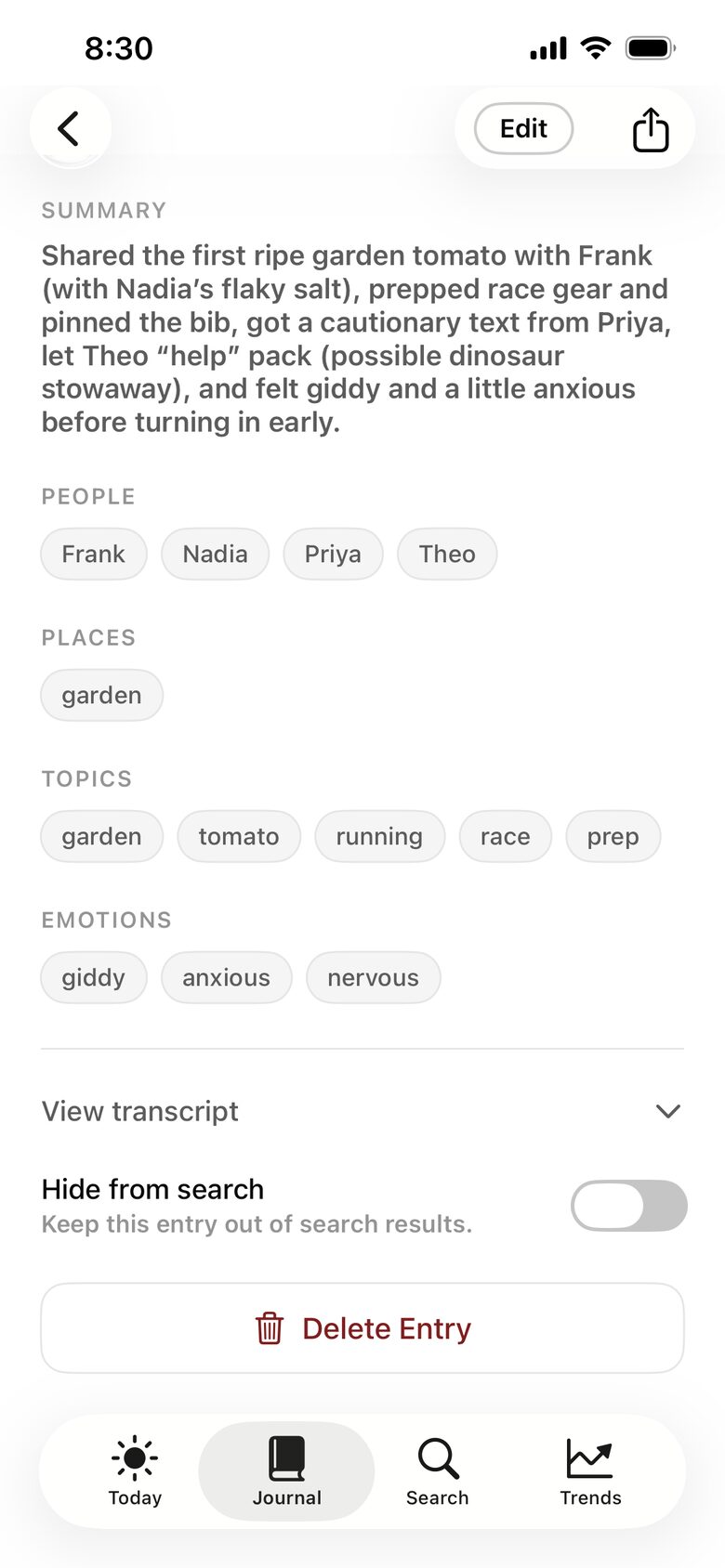A journal entry's summary with the people, places, topics, and emotions it mentions.