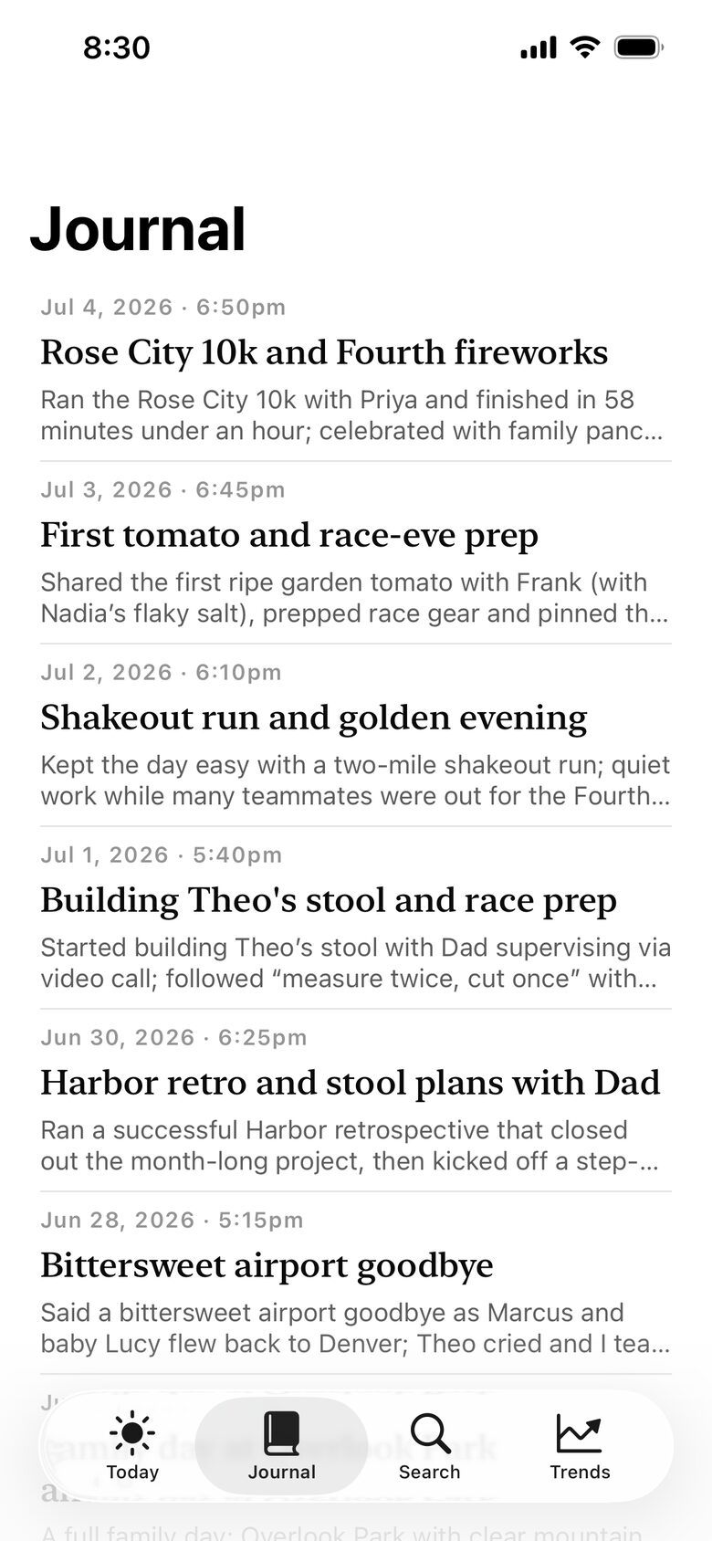 The Colloquia journal list showing recent entries by date.