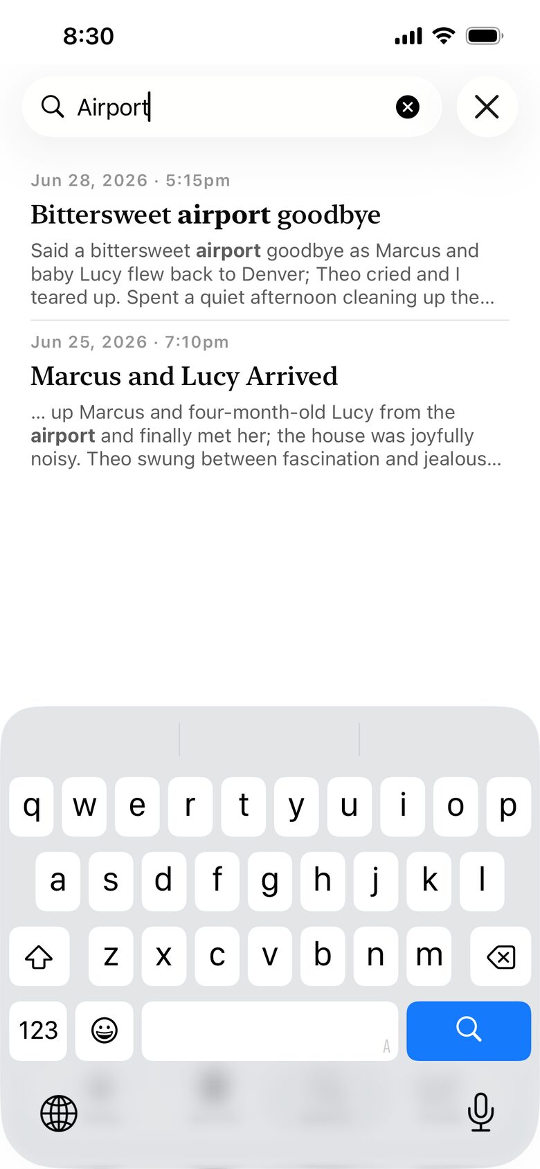 Searching the journal for a keyword, with matching entries listed.