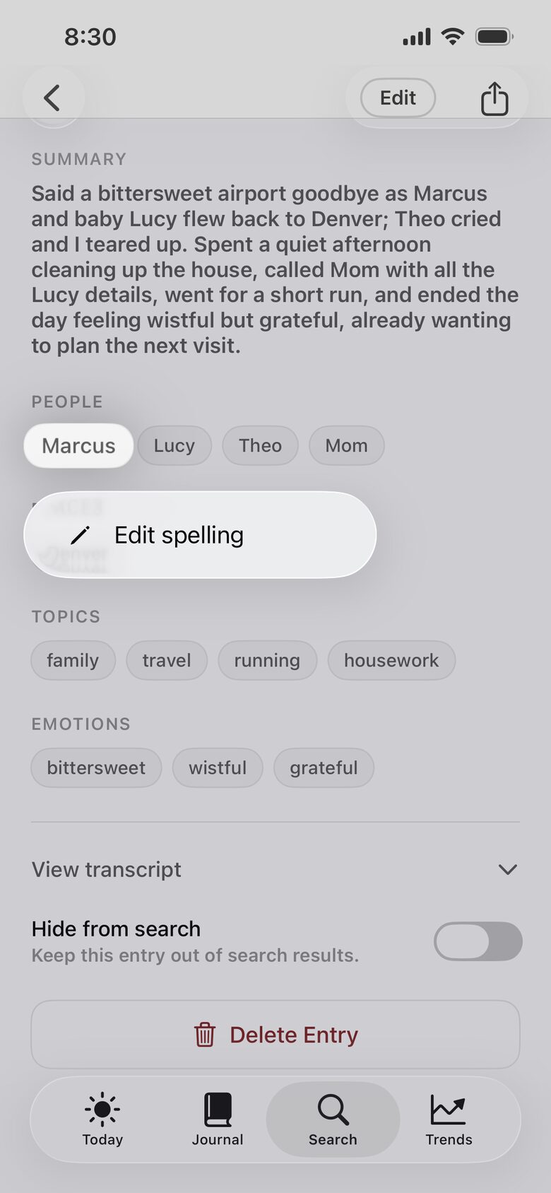 Correcting the spelling of a name on a journal entry.